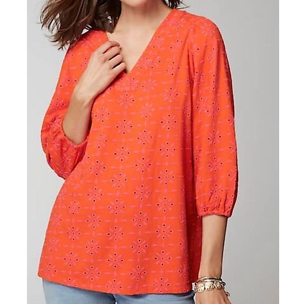 J.Jill Contrasting Eyelet Embroidered Floral Tunic‎ Orange Peel Fuchsia 2X